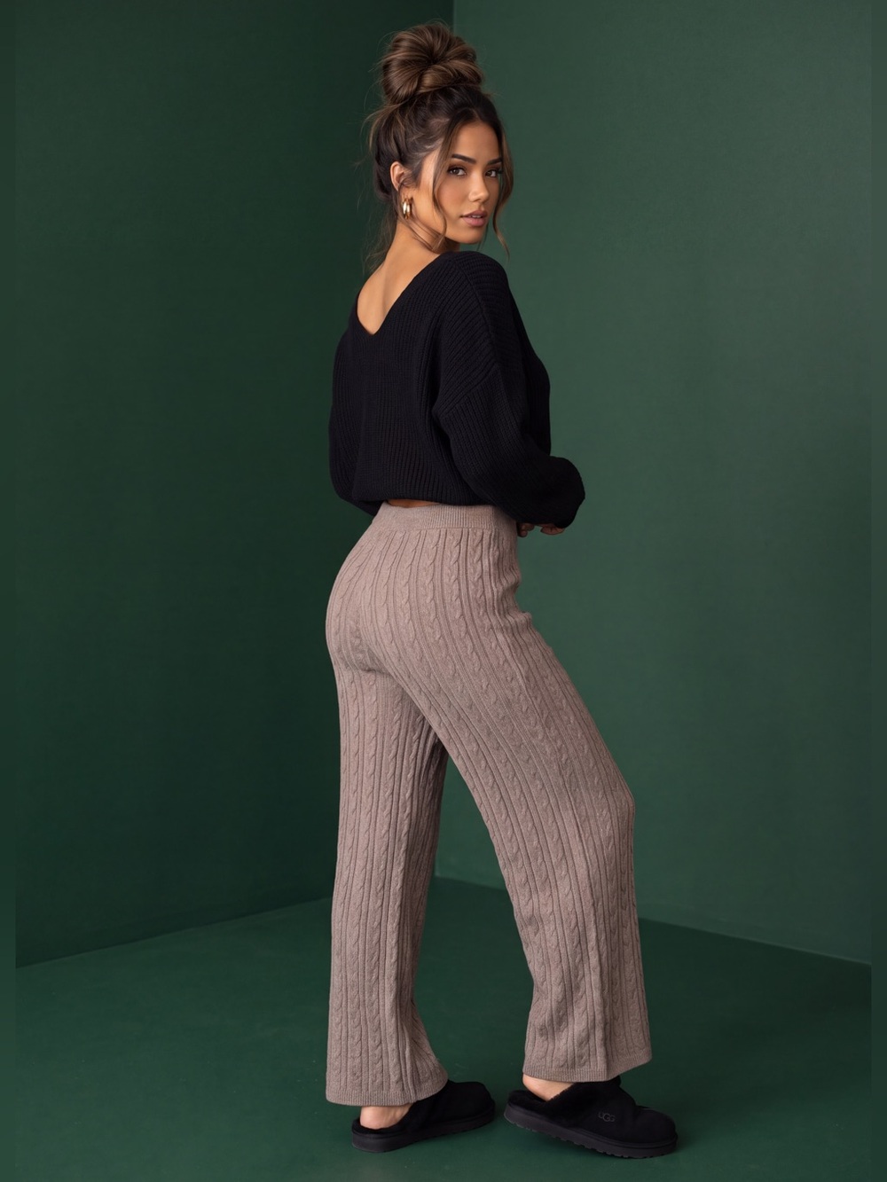 Pink Rose Taupe Cable Knit Wide Leg Pants